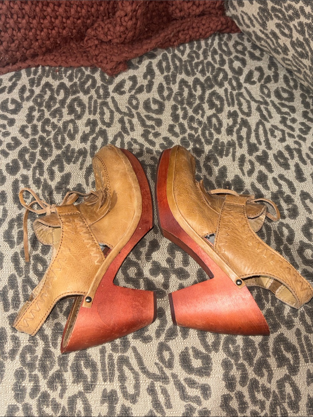 Latigo tan leather lace platform mule western fringe round toe wood heel size 7 - Picture 7 of 14